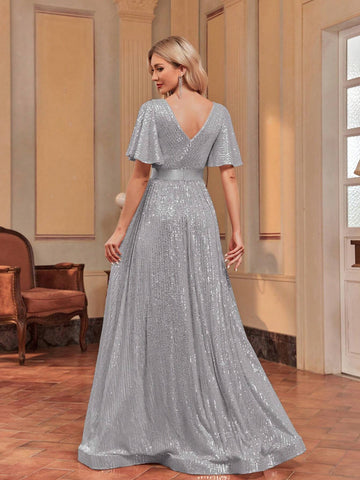 Women's Sparkle Sequin Lotus Leaf Short Sleeve Evening Cocktail Party Dress