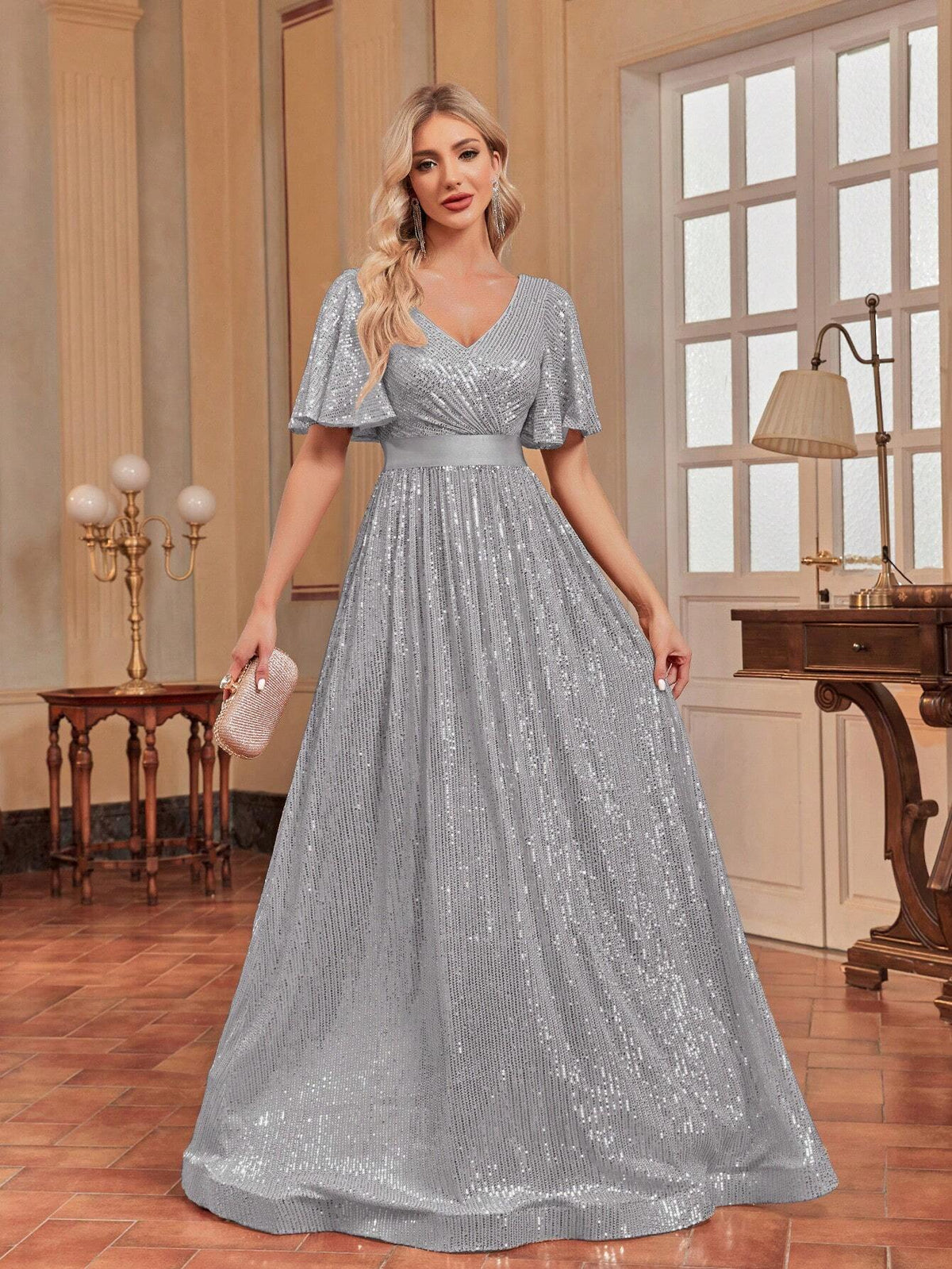 Women's Sparkle Sequin Lotus Leaf Short Sleeve Evening Cocktail Party Dress