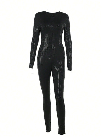 Women's Sparkling Zipper Front Long Sleeve Jumpsuit, Suitable For Formal Party Occasions In Autumn
