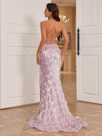 Women's Sparkly High Front Slit Cross Strap Backless Halter Neck Evening Gown