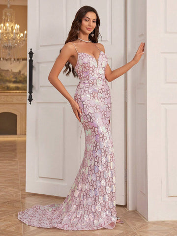 Women's Sparkly High Front Slit Cross Strap Backless Halter Neck Evening Gown