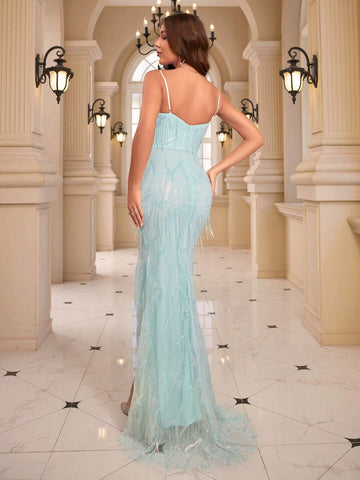 Women's Sparkly Patchwork High Slit Cami Evening Party Prom Dress