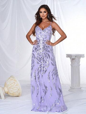 Women's Sparkly V-Neck Sequin Cami Bodycon Formal Dress