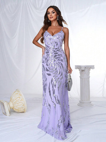 Women's Sparkly V-Neck Sequin Cami Bodycon Formal Dress