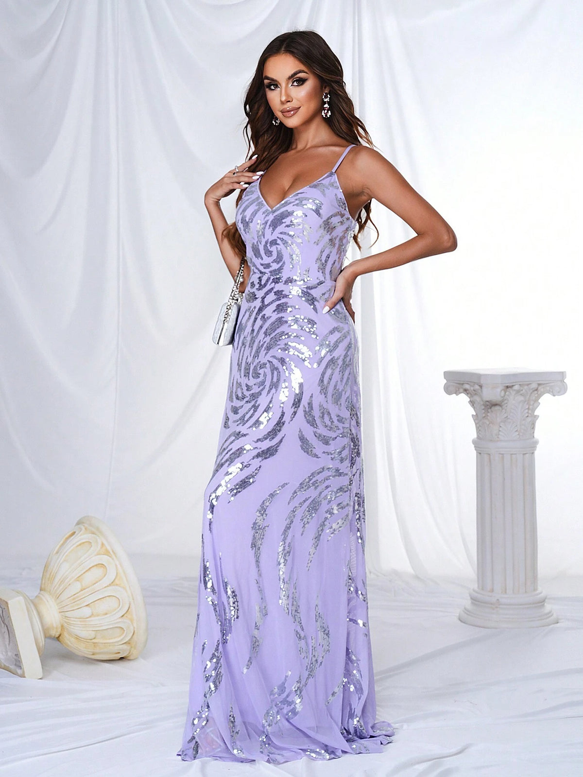 Women's Sparkly V-Neck Sequin Cami Bodycon Formal Dress