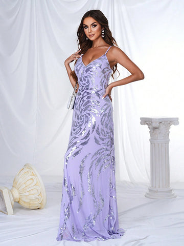 Women's Sparkly V-Neck Sequin Cami Bodycon Formal Dress