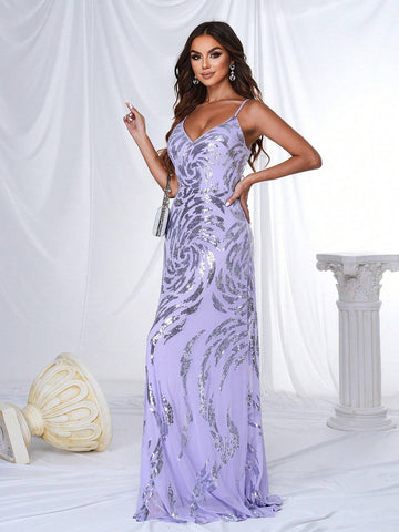 Women's Sparkly V-Neck Sequin Cami Bodycon Formal Dress