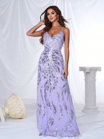 Women's Sparkly V-Neck Sequin Cami Bodycon Formal Dress