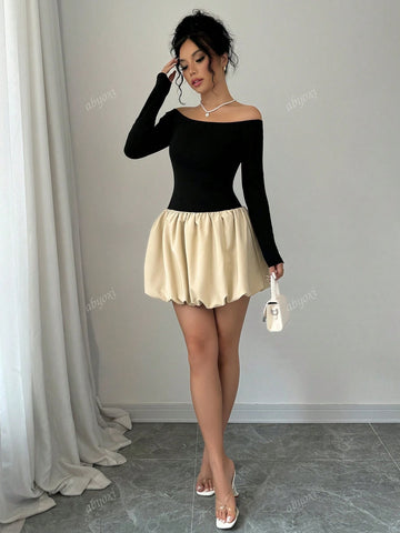 Women's Splice Color Off Shoulder Long Sleeves Flower Bud Hem Fashionable Autumn Dress