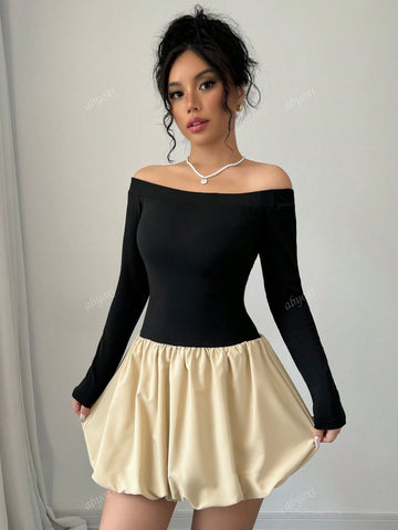 Women's Splice Color Off Shoulder Long Sleeves Flower Bud Hem Fashionable Autumn Dress