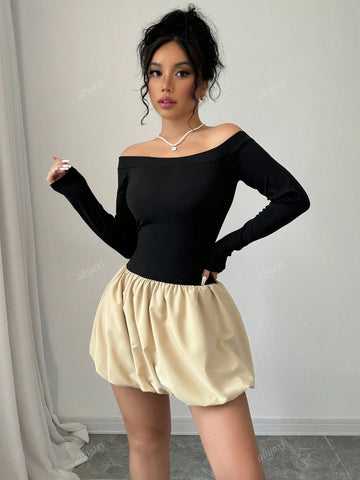 Women's Splice Color Off Shoulder Long Sleeves Flower Bud Hem Fashionable Autumn Dress