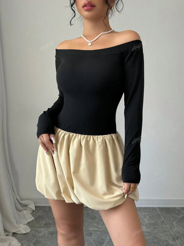 Women's Splice Color Off Shoulder Long Sleeves Flower Bud Hem Fashionable Autumn Dress