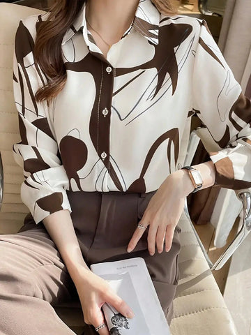 Turndown Collar Shirt, Fashion Fitted Long Sleeve Polo Shirt With Directional Abstract Print