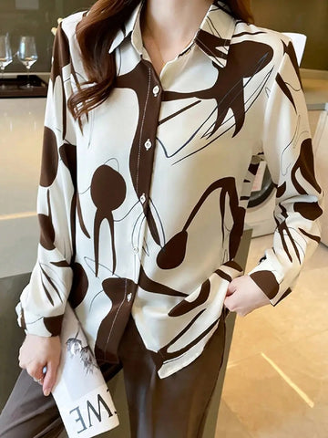 Turndown Collar Shirt, Fashion Fitted Long Sleeve Polo Shirt With Directional Abstract Print