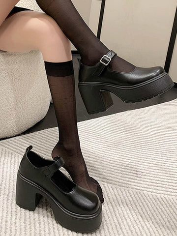 Women's Spring/Fall New One-Strap Square Toe High Heel Small Leather Preppy