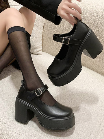 Women's Spring/Fall New One-Strap Square Toe High Heel Small Leather Preppy