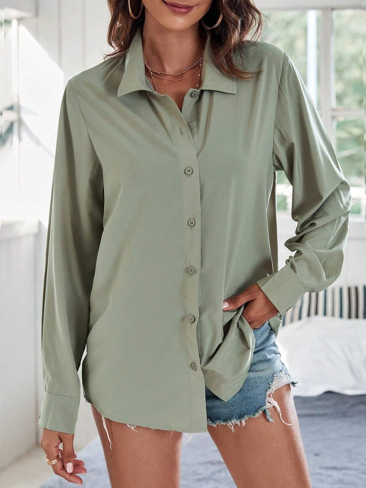 Women's Spring/Summer Casual Solid Color Long Sleeve Regular Shoulder Shirt