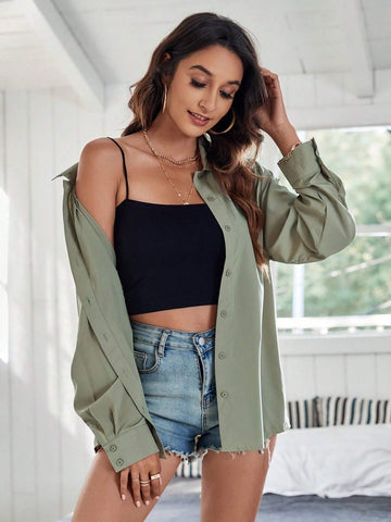 Women's Spring/Summer Casual Solid Color Long Sleeve Regular Shoulder Shirt