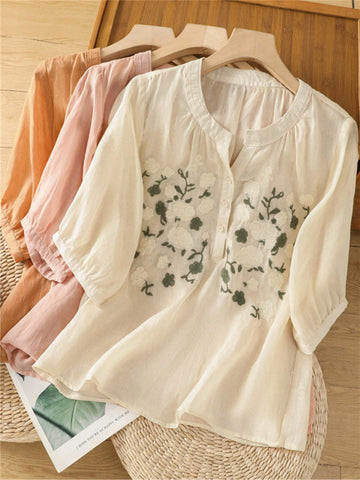 Women's Spring/Summer Lightweight Embroidered Vintage Boho Style Loose Cotton Blouse