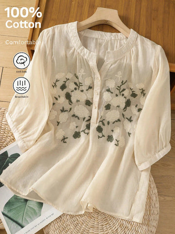 Women's Spring/Summer Lightweight Embroidered Vintage Boho Style Loose Cotton Blouse