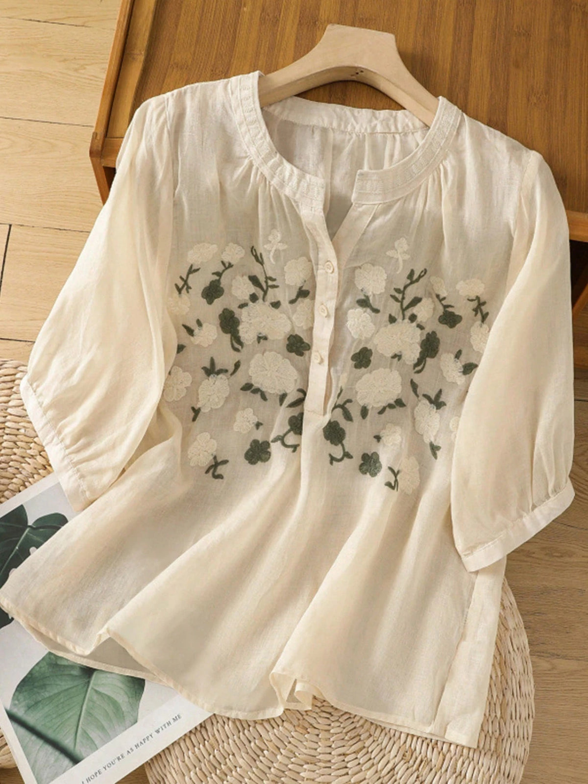 Women's Spring/Summer Lightweight Embroidered Vintage Boho Style Loose Cotton Blouse