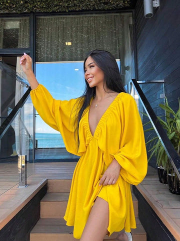 Women's Spring/Summer Solid Color Deep V-Neck Lantern Sleeve Short Swing Dress
