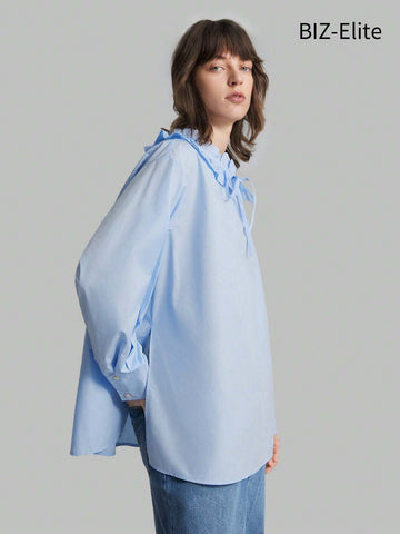 Women's Spring/Summer Solid Color Wide Sleeve Shirt With Ruffled Hem And Tie Neck