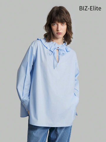 Women's Spring/Summer Solid Color Wide Sleeve Shirt With Ruffled Hem And Tie Neck