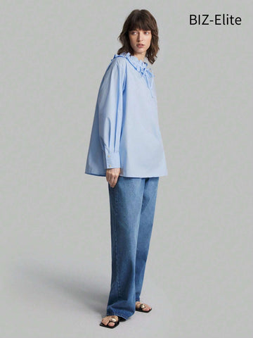 Women's Spring/Summer Solid Color Wide Sleeve Shirt With Ruffled Hem And Tie Neck