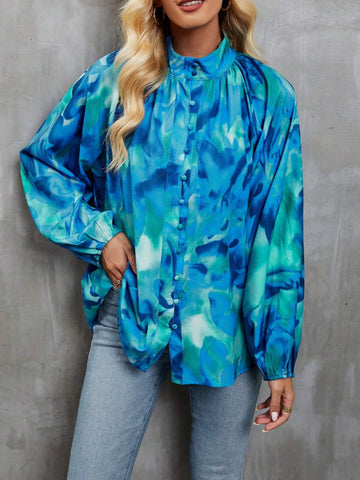 Women's Spring/Summer Stand Collar Long Sleeve Tie-Dye Casual Shirt