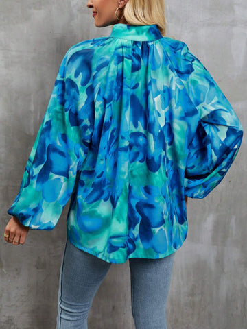 Women's Spring/Summer Stand Collar Long Sleeve Tie-Dye Casual Shirt