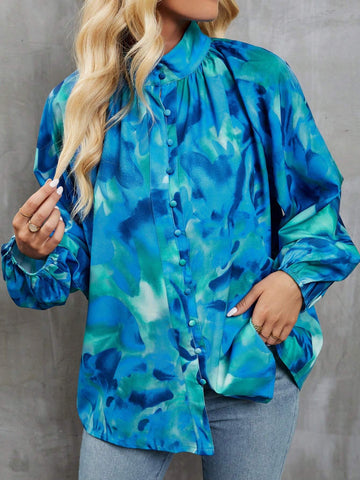 Women's Spring/Summer Stand Collar Long Sleeve Tie-Dye Casual Shirt