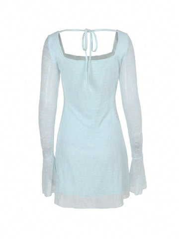 Women's Spring/Summer Textured Fabric Square Collar Long Sleeve Fitted Elegant Dress