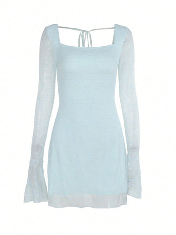 Women's Spring/Summer Textured Fabric Square Collar Long Sleeve Fitted Elegant Dress