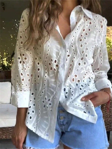 Women's Spring And Autumn Fashion Solid Color Lace Button Long Sleeve Collared Shirt