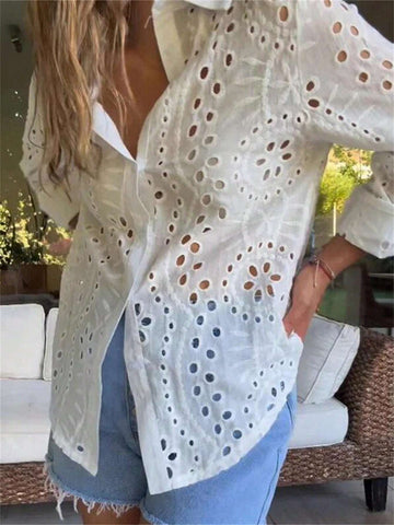 Women's Spring And Autumn Fashion Solid Color Lace Button Long Sleeve Collared Shirt