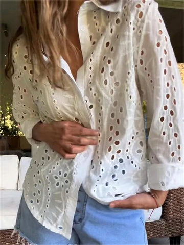 Women's Spring And Autumn Fashion Solid Color Lace Button Long Sleeve Collared Shirt