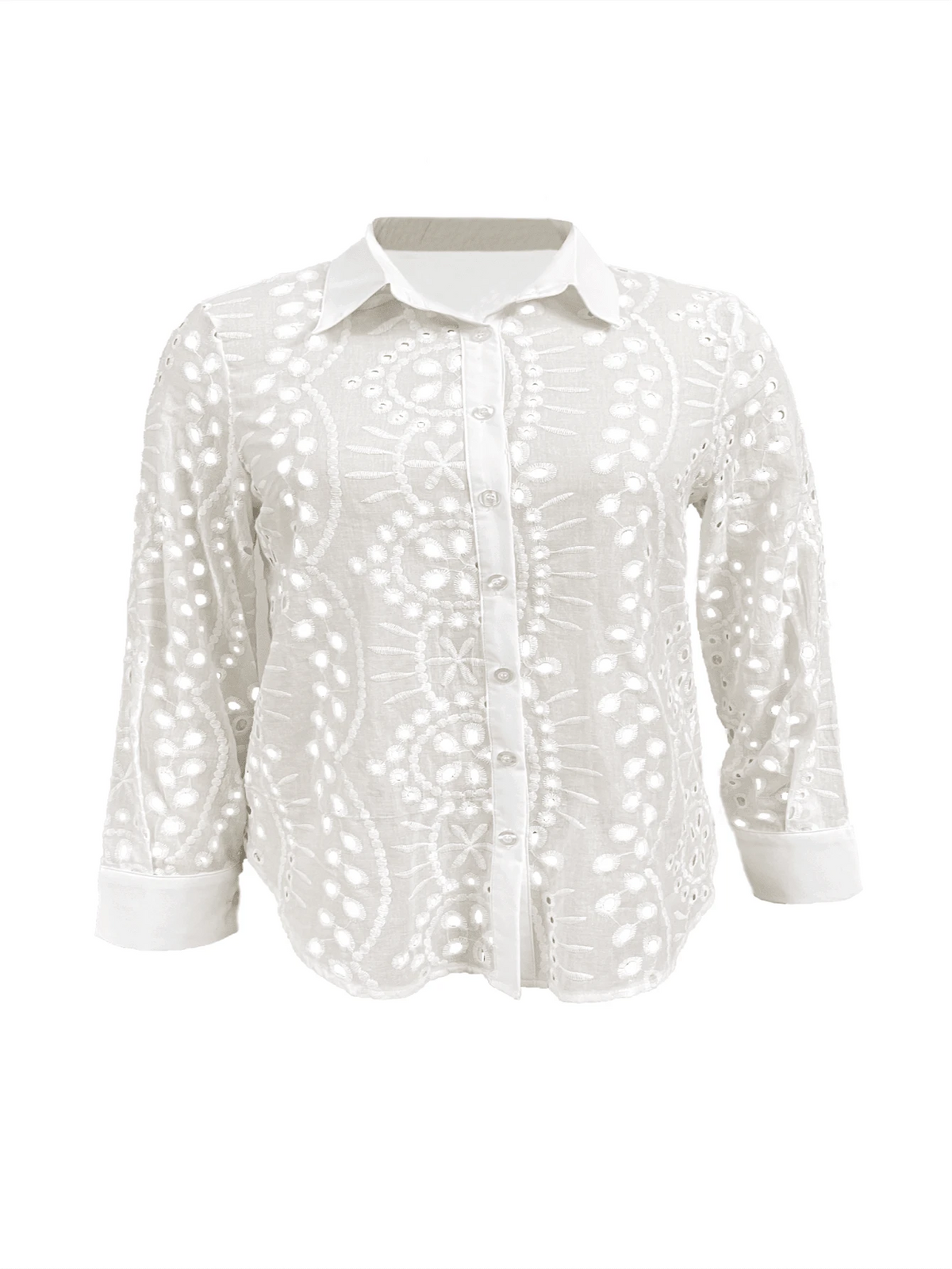 Women's Spring And Autumn Fashion Solid Color Lace Button Long Sleeve Collared Shirt