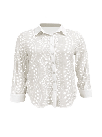 Women's Spring And Autumn Fashion Solid Color Lace Button Long Sleeve Collared Shirt
