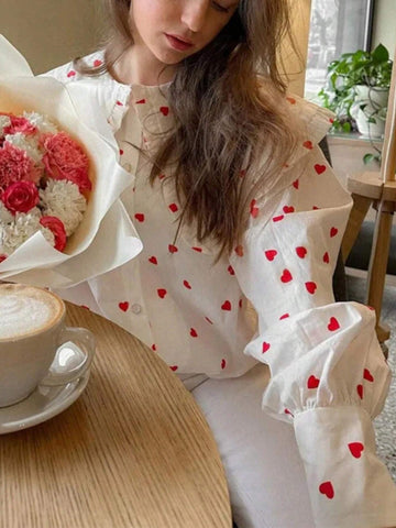 Y2K Sweet And Cute Doll Collar Heart Shape Randomly Printed Buttons Ruffled Lantern Long Sleeve Loose Shirt