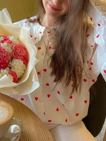 Y2K Sweet And Cute Doll Collar Heart Shape Randomly Printed Buttons Ruffled Lantern Long Sleeve Loose Shirt