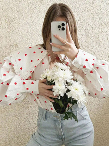 Y2K Sweet And Cute Doll Collar Heart Shape Randomly Printed Buttons Ruffled Lantern Long Sleeve Loose Shirt