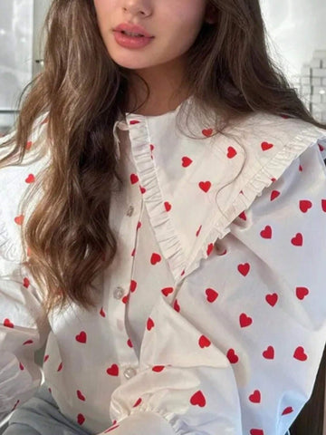Y2K Sweet And Cute Doll Collar Heart Shape Randomly Printed Buttons Ruffled Lantern Long Sleeve Loose Shirt