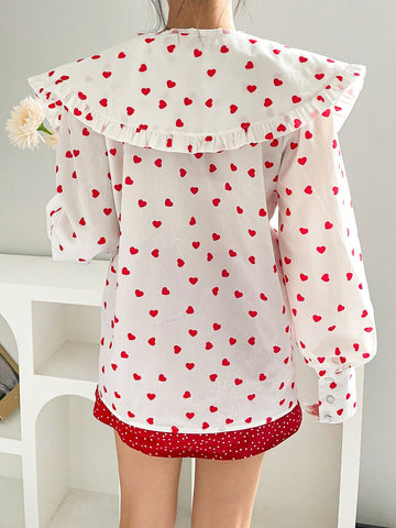 Y2K Sweet And Cute Doll Collar Heart Shape Randomly Printed Buttons Ruffled Lantern Long Sleeve Loose Shirt