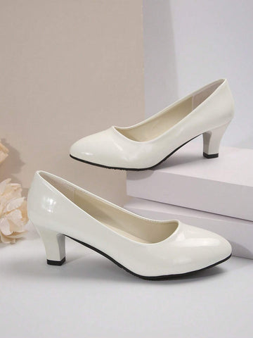 Women's Spring Classic Pointed Toe Stiletto Heels Patent Leather Comfortable Work Pump,Chunky White
