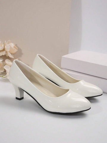 Women's Spring Classic Pointed Toe Stiletto Heels Patent Leather Comfortable Work Pump,Chunky White
