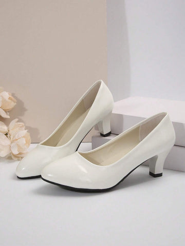 Women's Spring Classic Pointed Toe Stiletto Heels Patent Leather Comfortable Work Pump,Chunky White