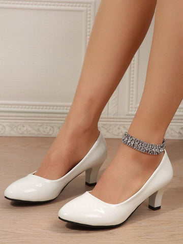 Women's Spring Classic Pointed Toe Stiletto Heels Patent Leather Comfortable Work Pump,Chunky White