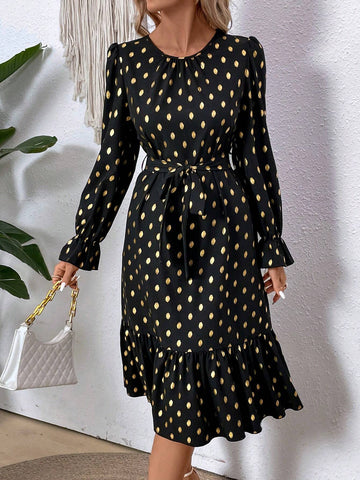 Women's Spring Summer Polka Dot A-Line Dress With Foil Print & Flared Sleeves