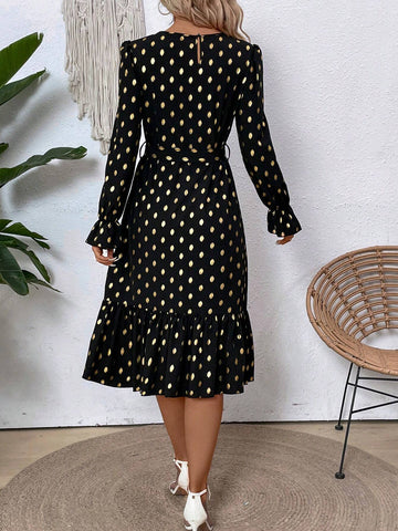 Women's Spring Summer Polka Dot A-Line Dress With Foil Print & Flared Sleeves